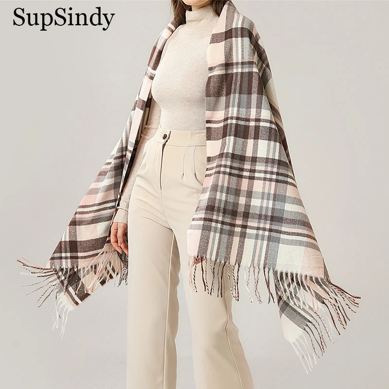 

SupSindy Winter Women Plaid Scarf With Tassel Thick Warm Cashmere Shawl Wrap Soft Pashmina Scarves For Women Cloak Poncho Female