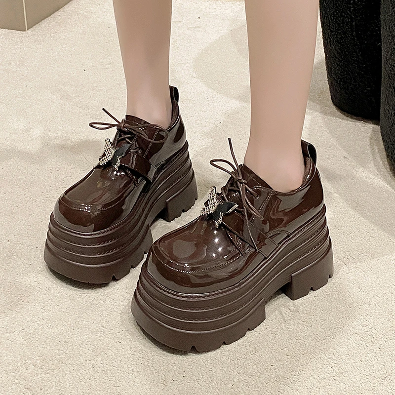 Aphixta 10cm Super High Women Autumn Boots Butterfly Lace Up Fashion Women Shoes Thick Botton Sole Boot Patent Leather Footwear