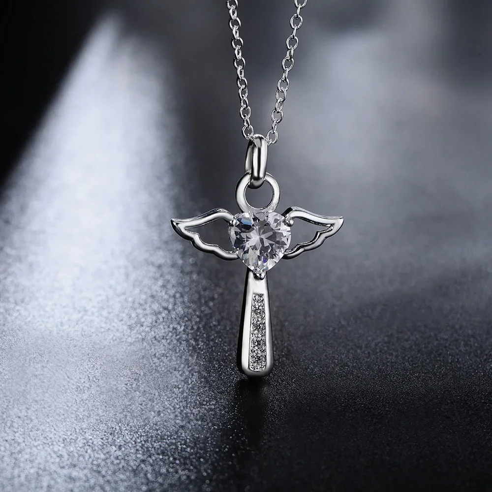 Silver Pendant Necklace 45cm 925 Sterling Silver angel fine crystal cross pendants Necklace For Women
