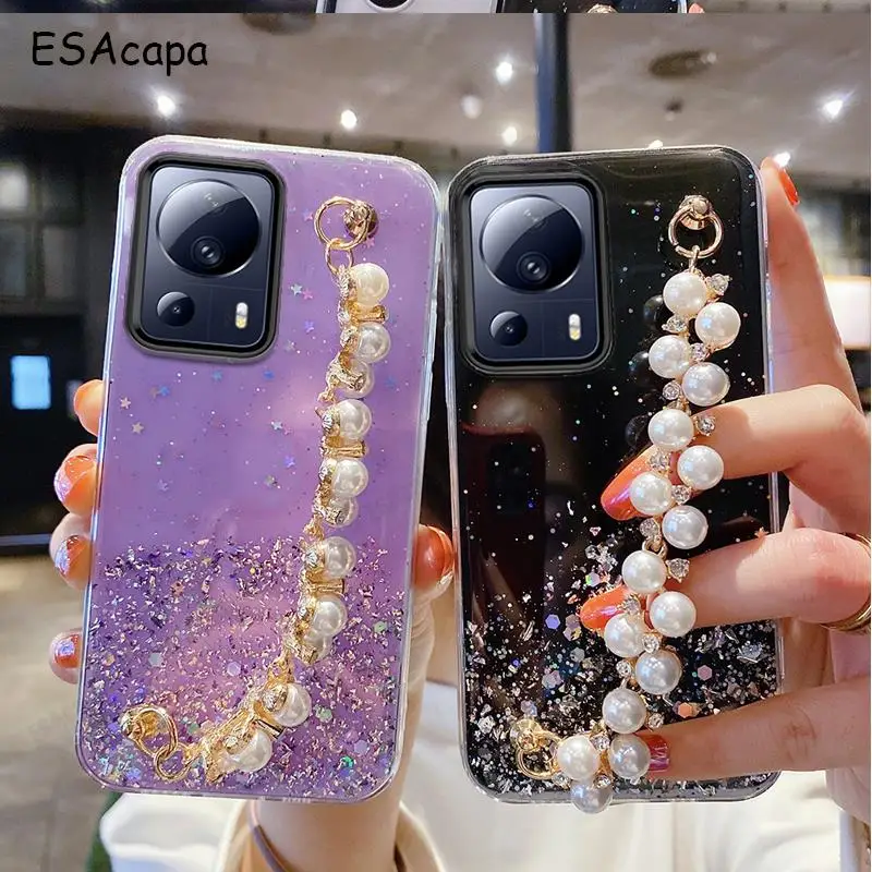 Für XIAOMI MI 13 lite Fall Bling Glitter Kristall Perlen abdeckung Für xiaomi CIVI2 12 pro 11 Ultra Armband Handgelenk strap weiche Abdeckung_voghion.com