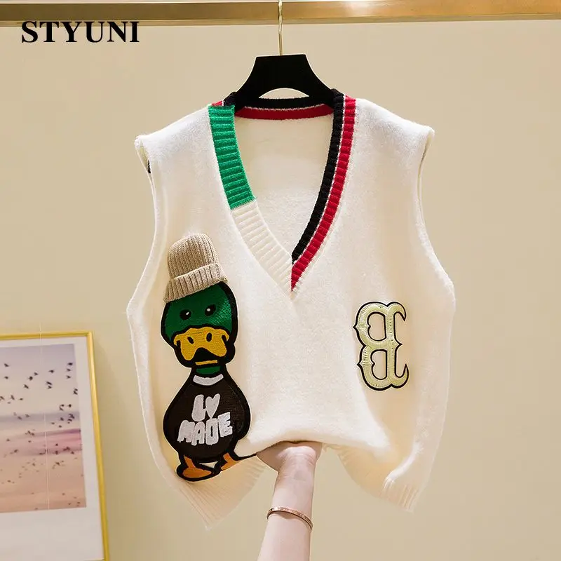 Cartoon Duck Embroidery Vintage Single-breasted V-Neck Knitted Women's Sweater Vest Korean Fashion Sleeveless Female Jumpers 3