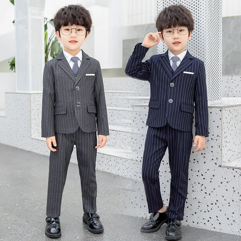 

Spring Autumn Formal Boys Suits for Weddings Children Party Host Costume Striped Blazer Vest Pants Kids Performance Sets 6 8 10Y