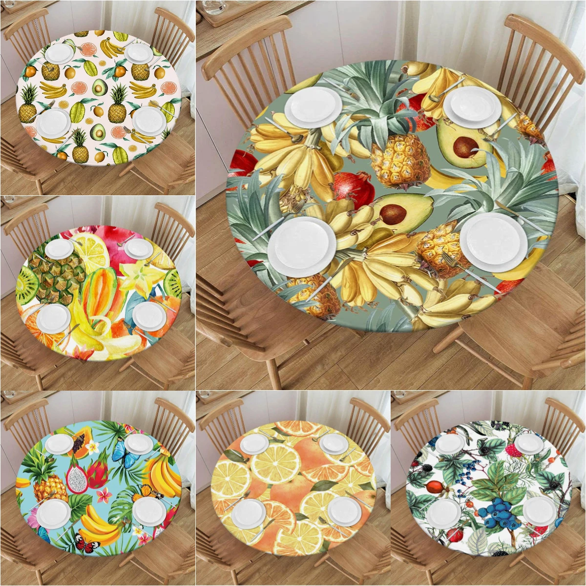

Fruit Print Round Fitted Tablecloth Lemon Pineapple Banan Blueberry Elastic Edged Waterproof Table Cloth Dining Table Decoration