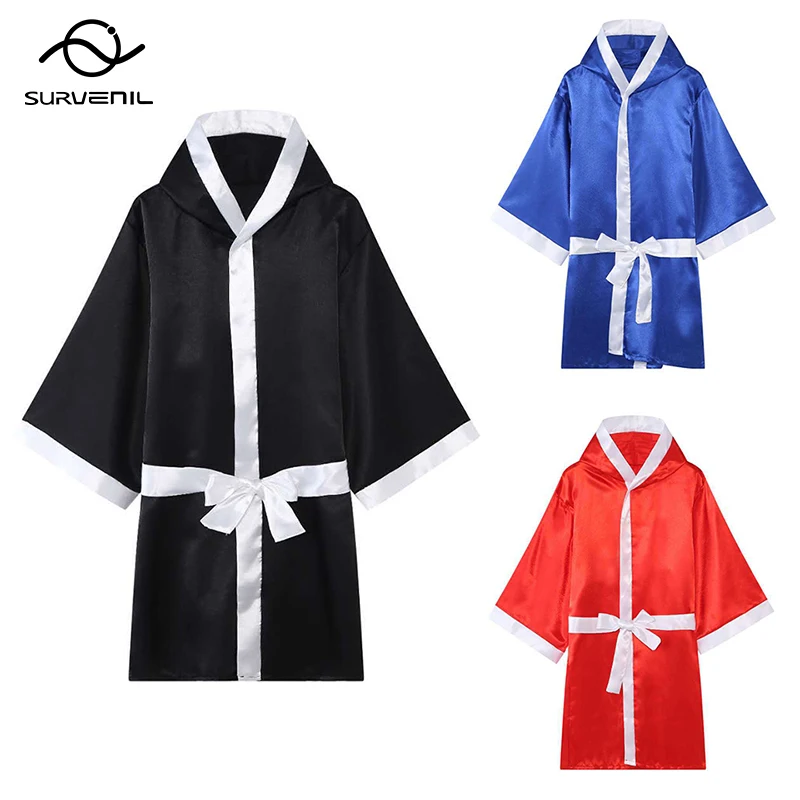 Boxing Belted Hooded Robe Black Red Blue Walkout Robe Boxer Costume Kickboxing Martial Arts MMA Fighting Suit for Men Women