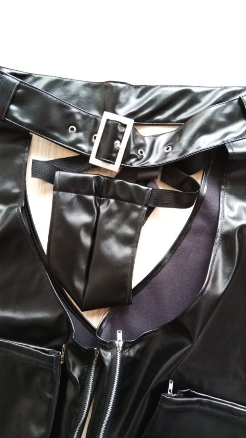 Men Trousers Leather Pants Cowboy Chaps Thongs Sleeves Backless Moto Cool Outfits Stripper Adult