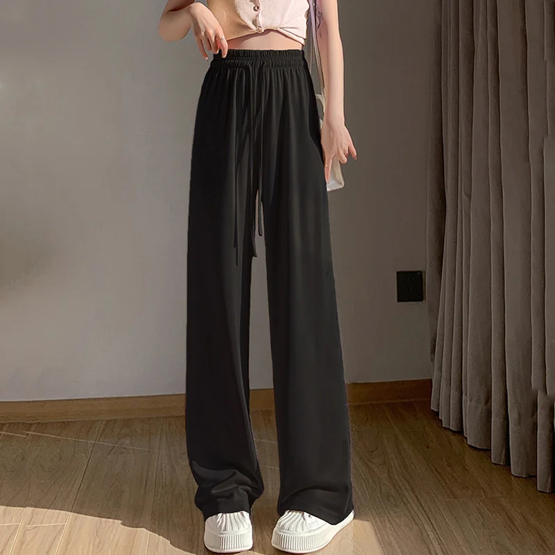 

Casual Wide Leg Pants Women's Elastic Drawstring High-waist Cool Drape Trousers Female Spring Summer Leisure Loose Long Pants