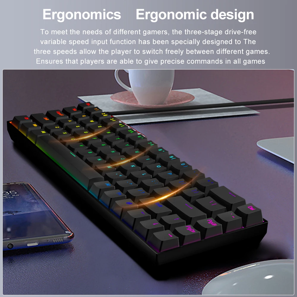 E-YOOSO RGB USB 60% 미니 슬림 기계식 유선 키보드, 레드 스위치, 68 키 게이머, 컴퓨터 PC 노트북용, Z686