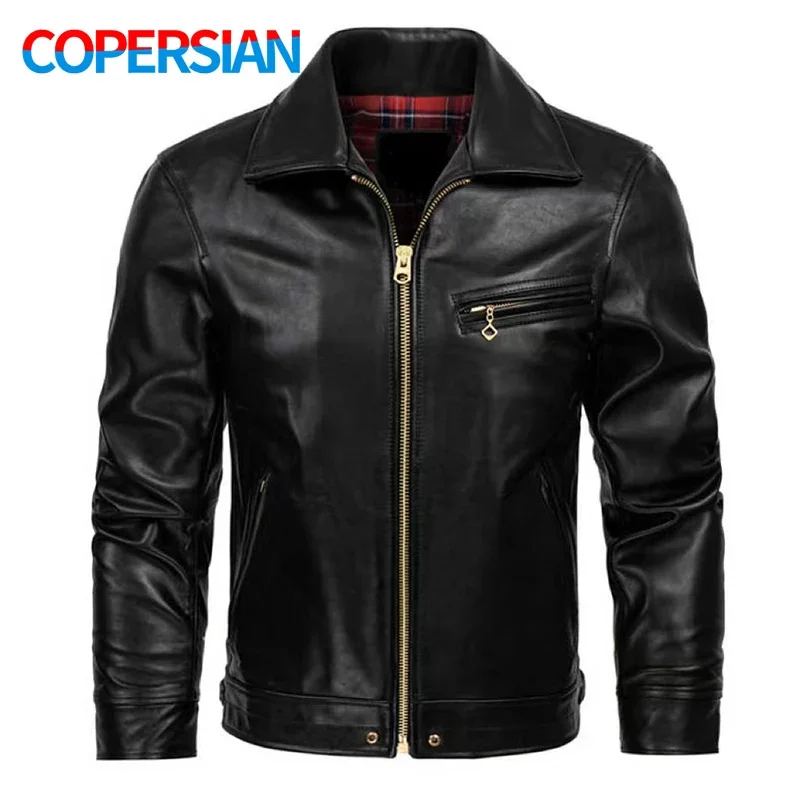 

Классическая Черная мужская куртка из натуральной воловьей кожи, простая приталенная модная мотоциклетная куртка с верхним слоем