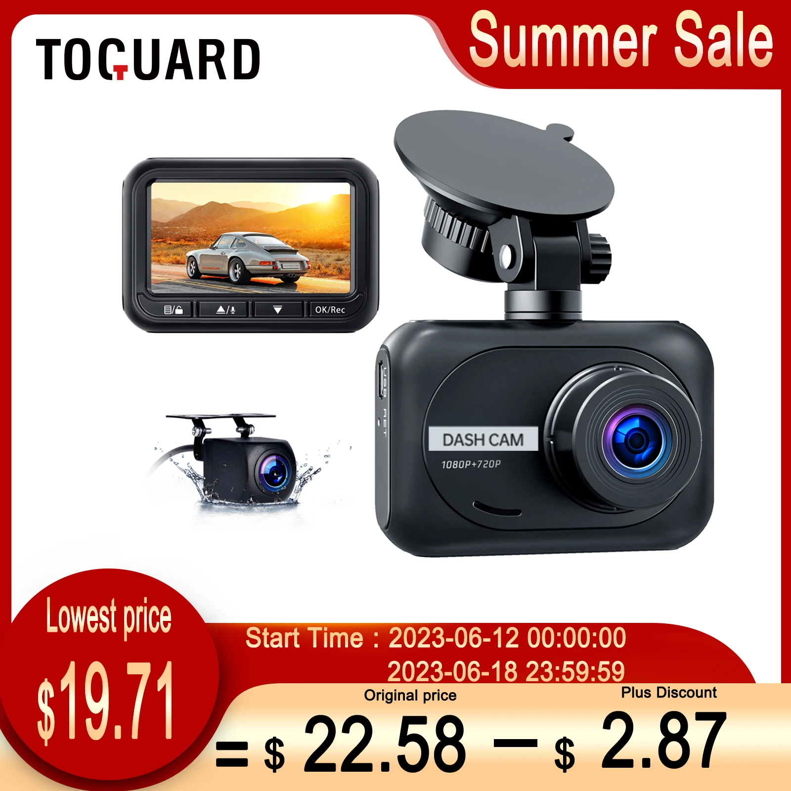 TOGUARD Car DVR Dual Channel Dash Cam 1080P fotocamera anteriore e
