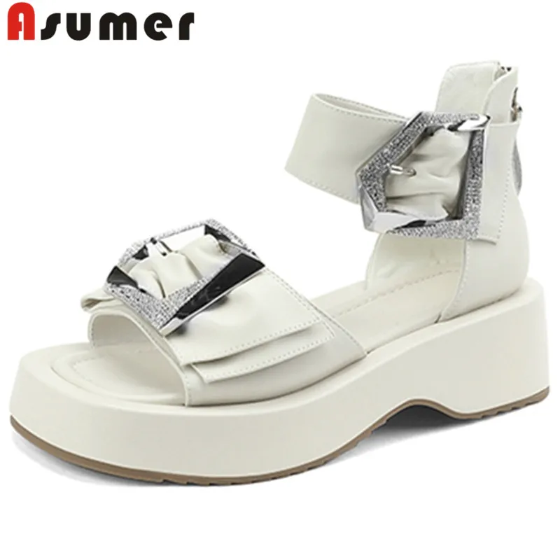 

ASUMER 2022 New Genuine Leather Zipper Women Sandals Solid Flat With Heels Sandals Ladies Dress Platform Shoes