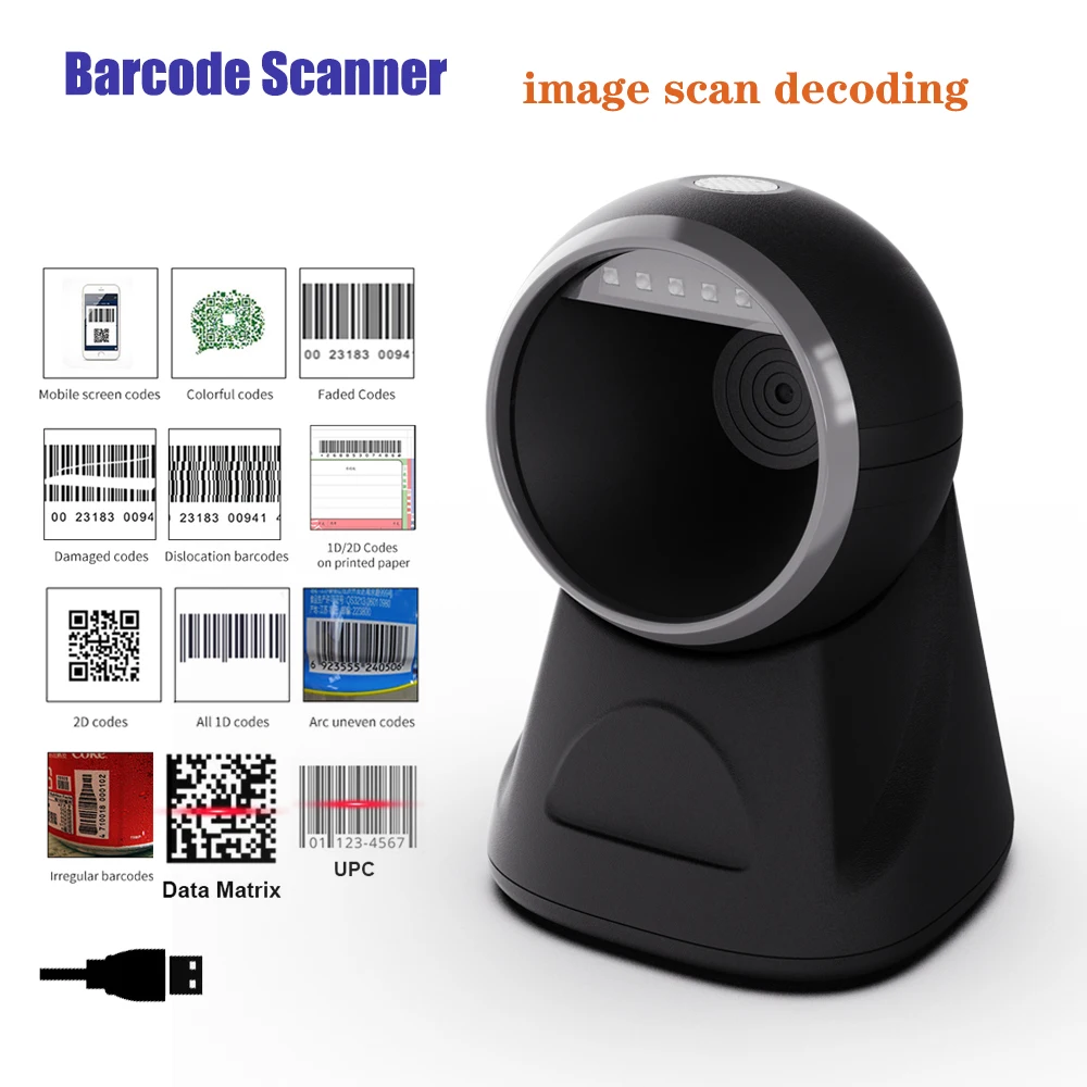 

Omnidirectional Barcode Scanner Desktop Auto-sense Auto-sleep 1D 2D QR code Data Matrix PDF417 USB Reader for Retail Supermarket