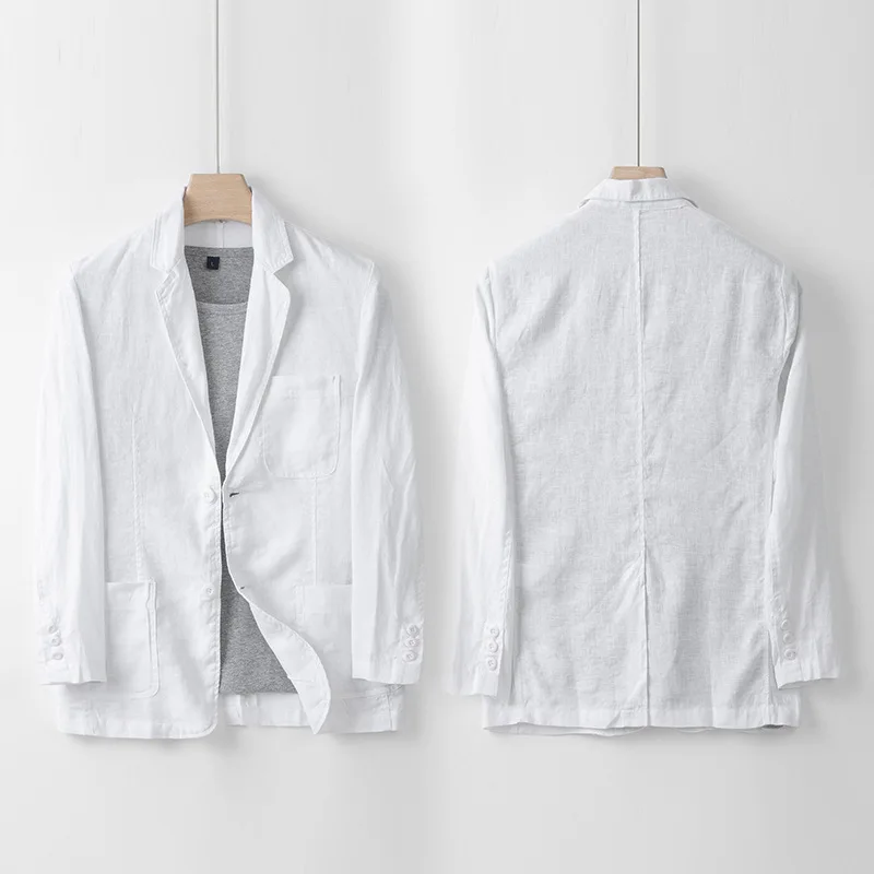 British Style New 100% Linen Blazer Hombre Daily Casual Blazer Loose Solid Single Layer Suit Jackets for Men Simple Ropa Hombre 2