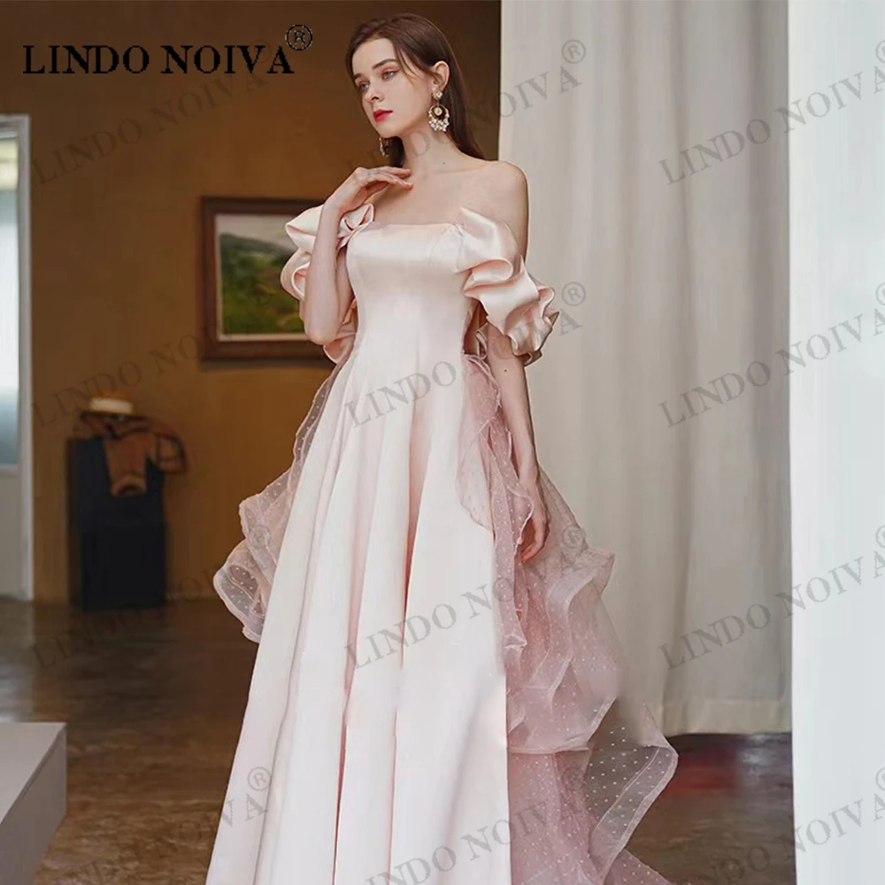 

LINDO NOIVA Off Shoulder Evening Dresses Pink Satin A Line Strapless Puff Sleeve Long Backless Women Wedding Celebrity Dresses