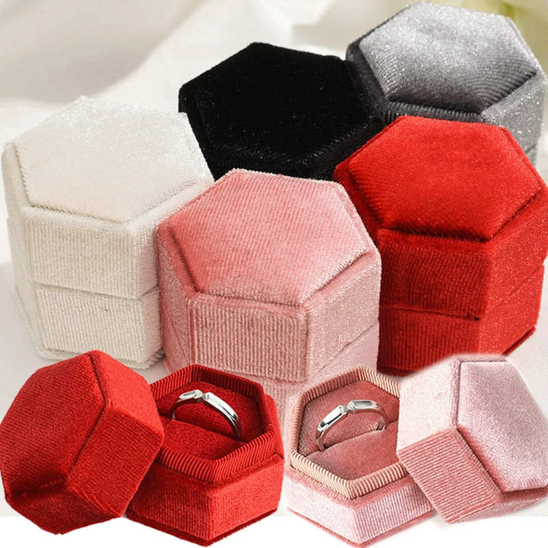 Hexagon Velvet Ring Box Single Double Slot for Wedding Ceremony Engagement Ring Box Velvet Ring Display Rings Storage Box