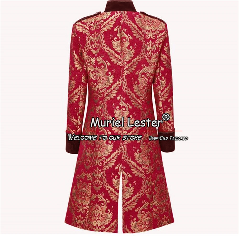 Gothic Red & Gold Man Trench Coat Long Black Peaked Lapel Jacquard Men's Suit Jackets Made Groom Tuxedos Male Prom Blazer