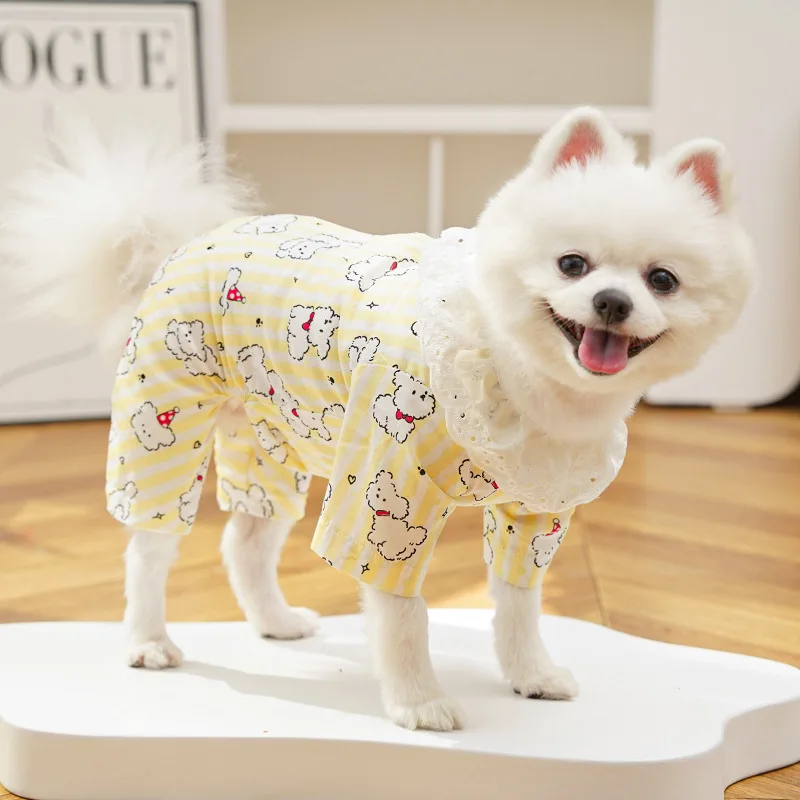 강아지 여름 점프수트 귀여운 강아지 프린트 강아지 옷 강아지 조끼 치와와 비숑 강아지 의류 네발 팬츠 얇은 강아지 잠옷 커플 옷