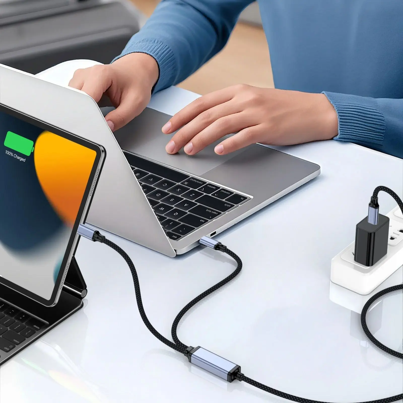 100W 2 in 1 USB-C to USB-C PD 고속 충전 아이폰 15/16Pro 삼성 화웨이 노트북 5A USB 듀얼 타입-C 데이터 케이블