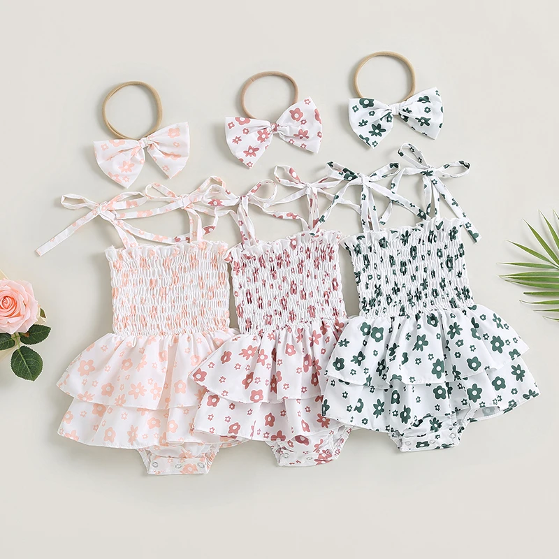 

2023-05-12 Lioraitiin 0-18M Infant Baby Girl Bodysuit Dress Floral Print Tie Knot Straps Sleeveless Sling Jumpsuits Bow Headband