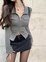 Women T-shirt Spring Autumn Clothes Ribbed Knitted Long Sleeve Short Tops Zipper Design Tee Sexy Female Slim Tops
