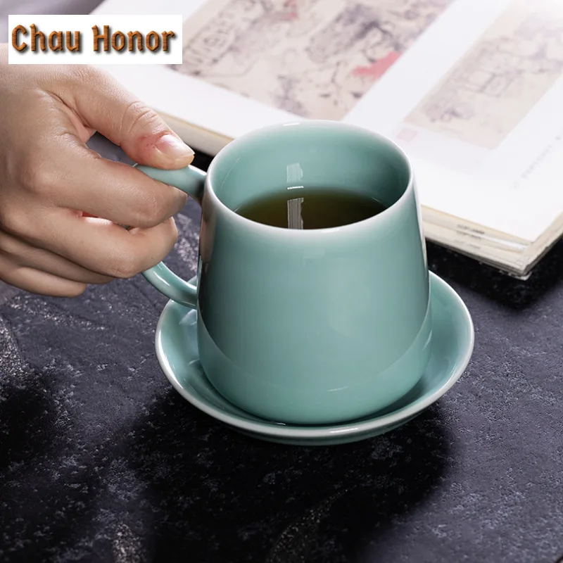 375ml Handmade Longquan Celadon Filter Tea Separator Cup Traditional Tea Mug with Infuser Tea Brewing Office Water Cup Ornaments