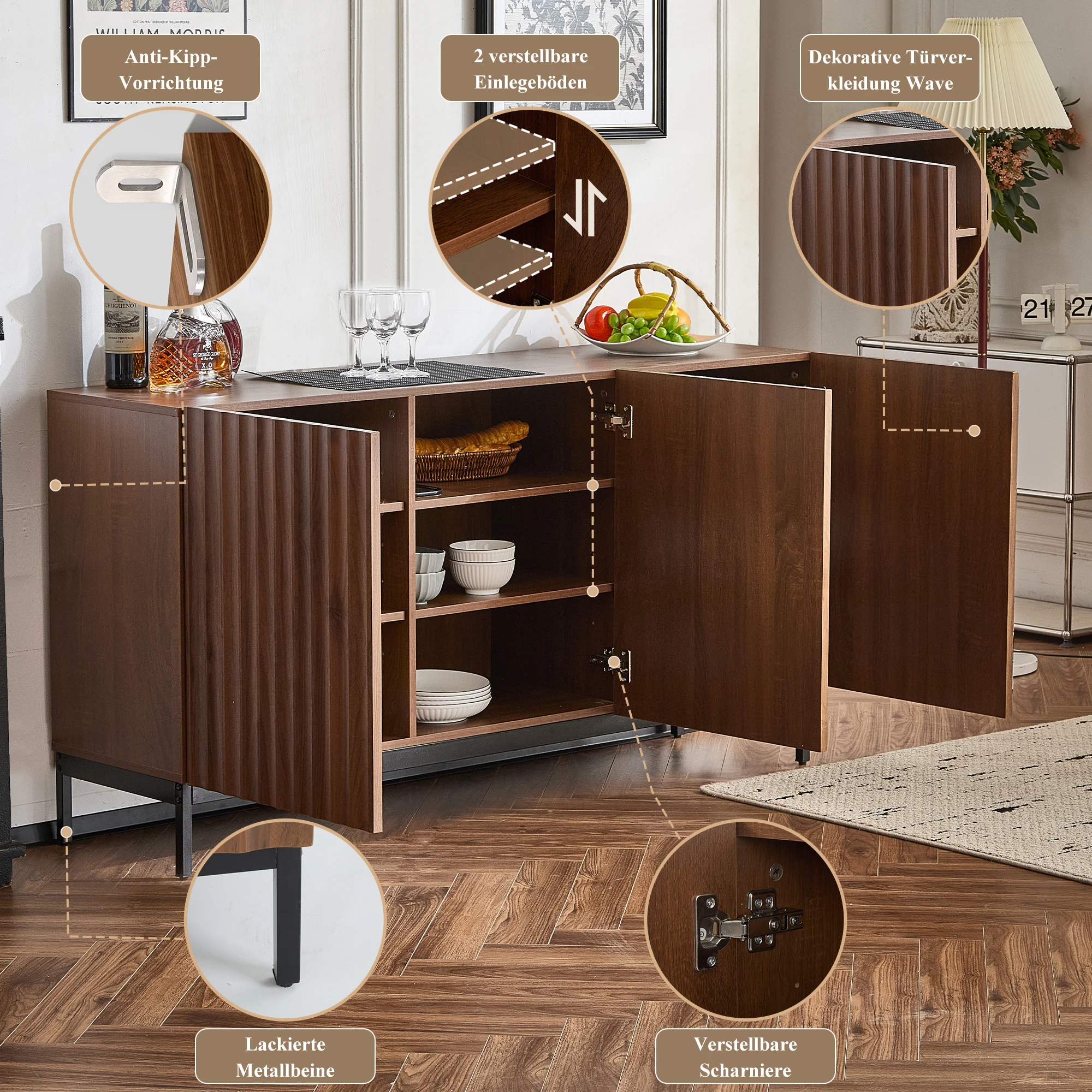 150 x 40 x 80 cm großes Sideboard aus dunkler Eiche, dekorativer Schrank im Mid-Century-Stil, 3 Türen, welliges 3D-Design, verstellbare Regale – Detail 21