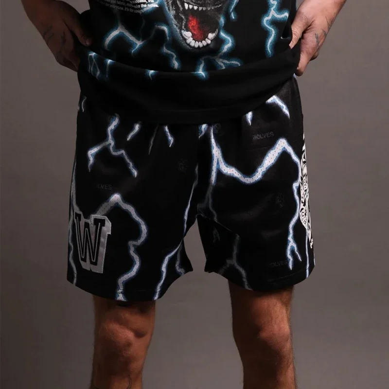 American Style Men's Shorts Summer New Sports Fitness Lightning Printing Casual Pant Mesh Quick Drying Breathable Beach Pants