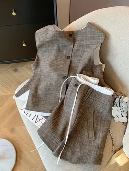 Coffee Linen Skirt Set Sleeveless Vest Short Skirts Summer French Fashion High End Casual Commuting Two Piece Set Women Outfits