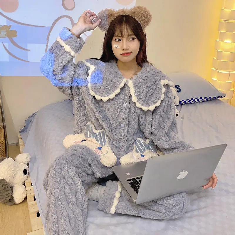 Autumn Winter Furry Pajama Lady Lovely Strawberry Bear Coral Velvet Pajama Set Nightdress Velvet Thickened  Wear A Homewear Set
