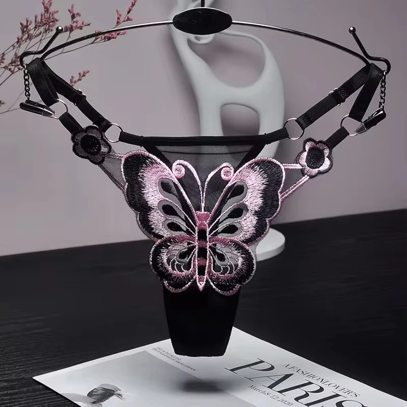New Sexy Lace Thong Women Butterfly Low Waist Panties G strings Transparent Mesh Briefs Adjustable Waist Panties Culotte Femme