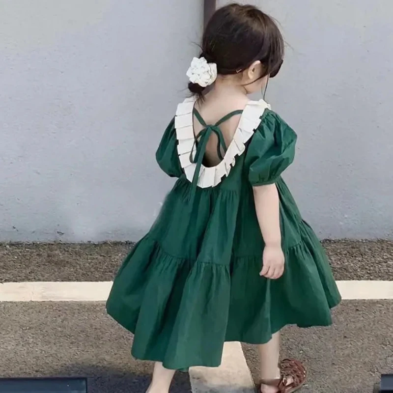 

2-12 Years Girls Summer Cotton Dress Children Green Lace Collar Pleated Princess Dresses for Girls Korean Style Clothes Toddler