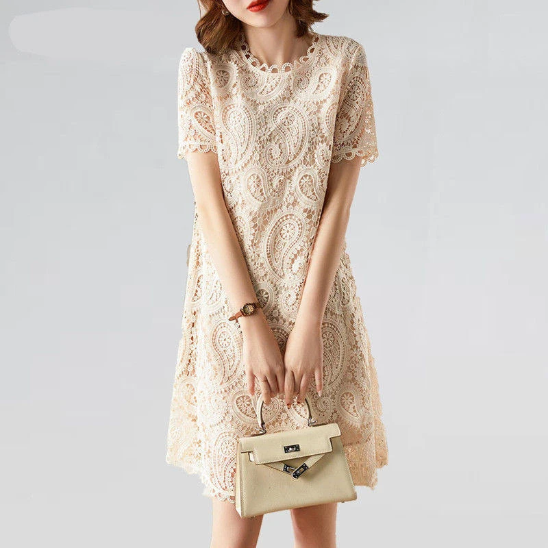 

French Elegant Sexy Lace Hollow Retro Chic Mini Dress Women Summer Fashion Casual Solid Slim O Neck Short Sleeve Ladies Dresses