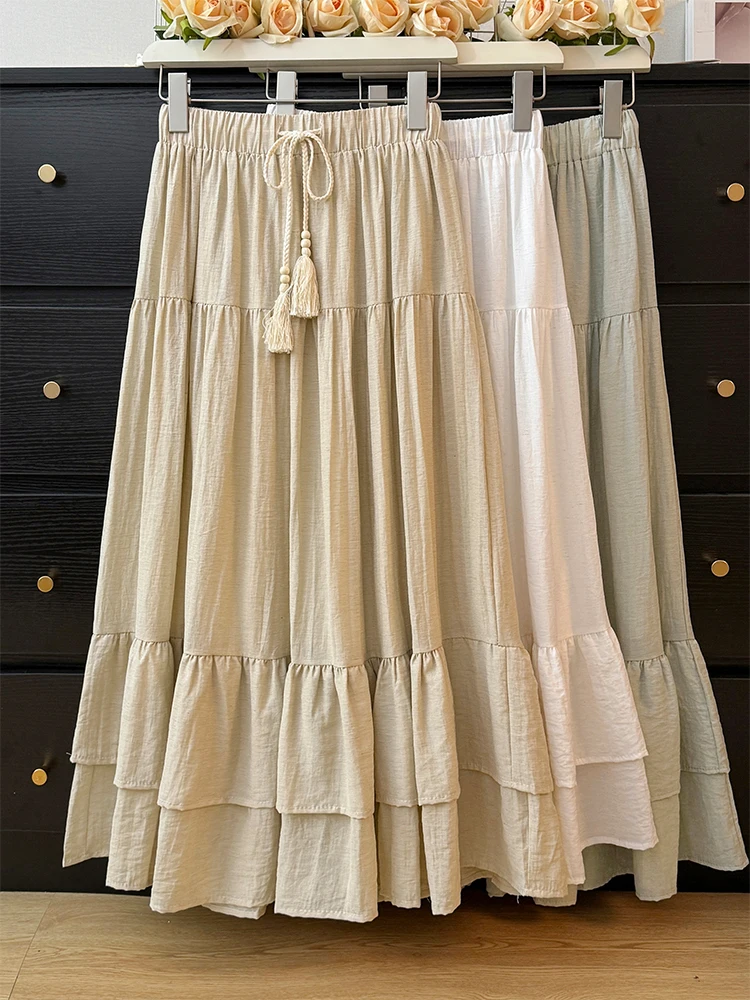 

Summer Long Skirts for Women Tassel Solid Color Ruffles Tierred Streetwear A-line Draw String Skirt Chinese Style Dropshipping