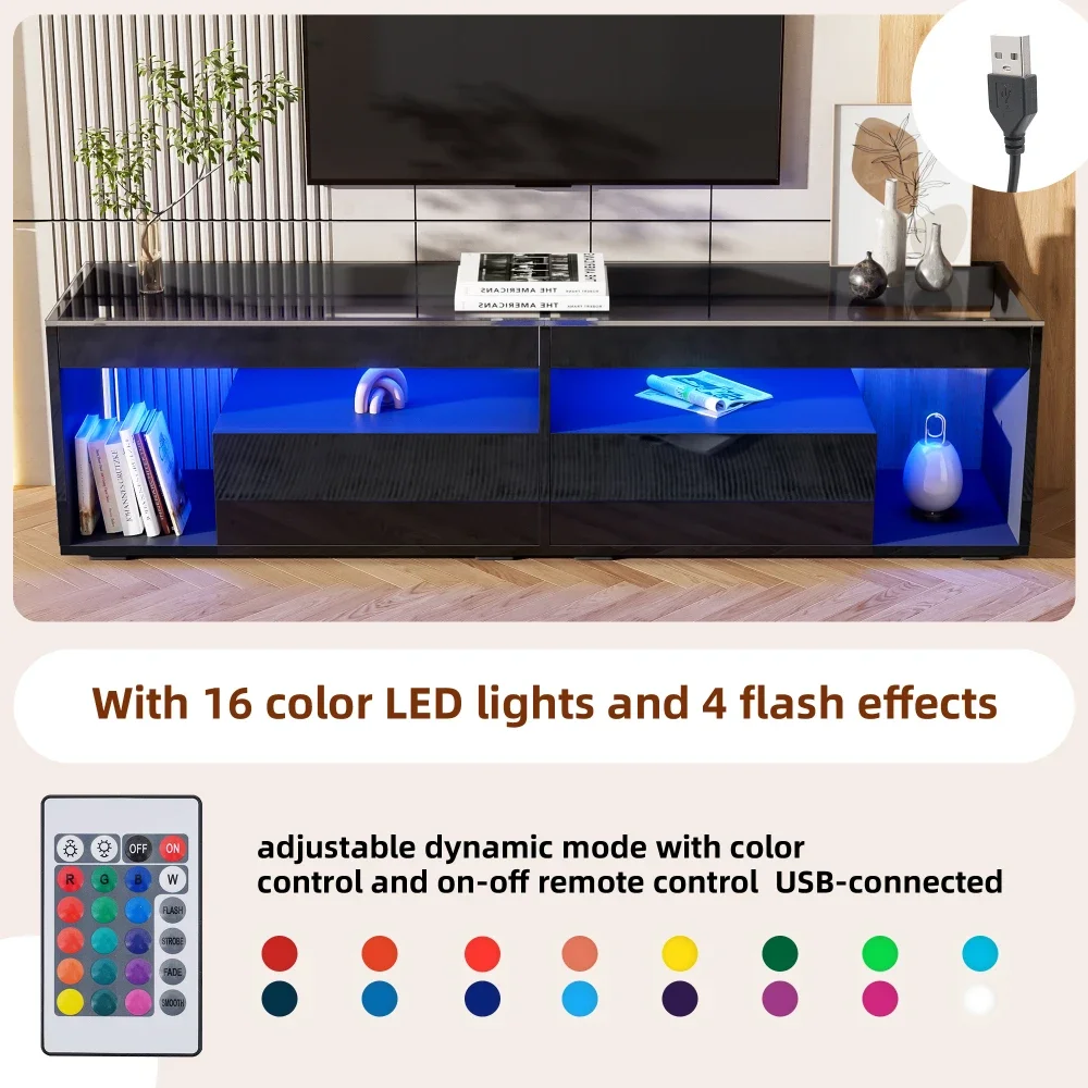 Hochglänzender LED-TV-Schrank in Schwarz, geeignet für Fernseher bis zu 70 Zoll mit 2 Schubladen, ideal als Konsolentisch für Schlafzimmer und Wohnzimmer – Detail 13