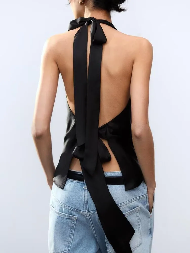 New Summer 2025 Women's Sexy Bal  Knot Hanging Ne Silk Satin Feeling Top Commute Sle Slim Fit Regular Length