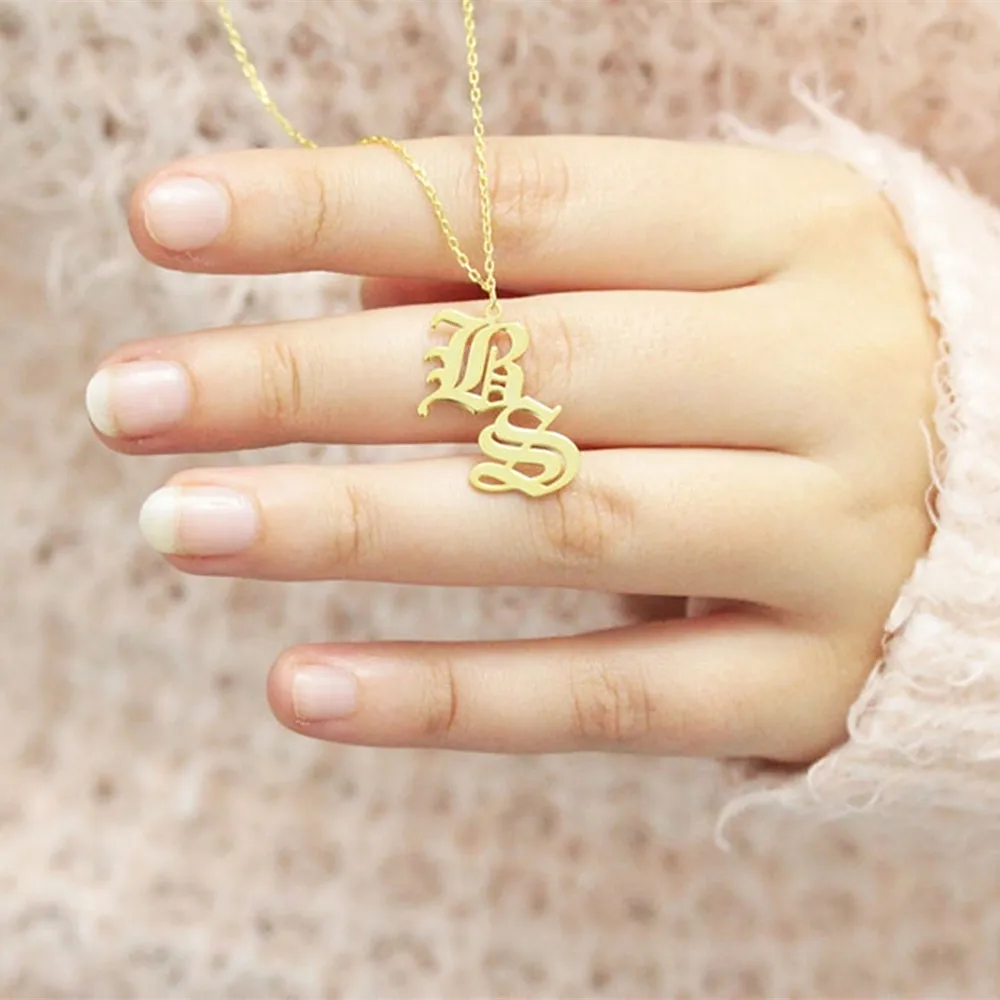 Double Initial Necklace Gothic Jewelry Old English Letter Necklace