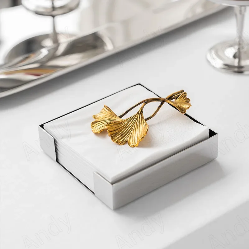 European Stainless Steel Tissue Box Brass Ginkgo Leaf Decor Hotel Table Napkin Holder Afternoon Tea Desktop Tissue Organizer 4