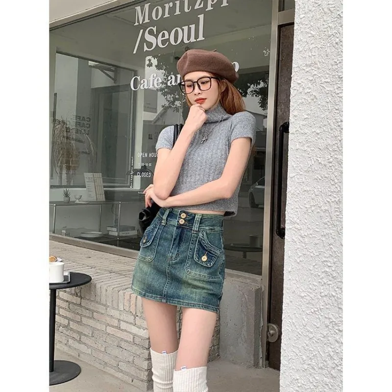 American Retro Hotsweet Summer Denim Skirts Women New Pocket Button Fashion Youth High Waist Slim Bag Hip Cowboy A-line Skirt