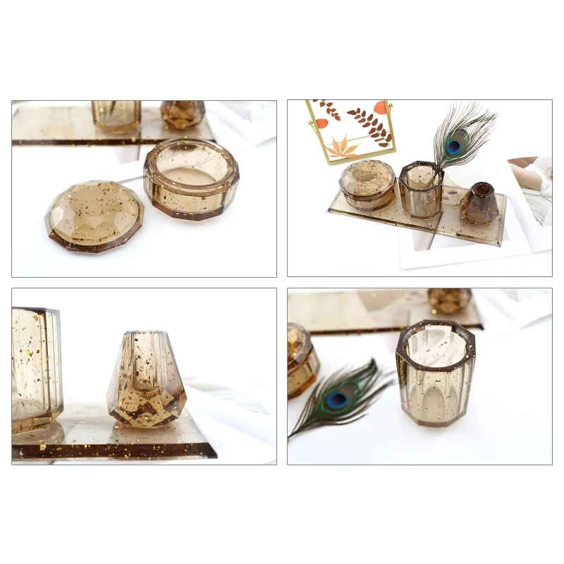 4Pcs Resin Molds for Bathroom Accessories Set Silicone Molds for Resin Casting Toothbrush Holder Cup Diffuser Bottle Mold Tray