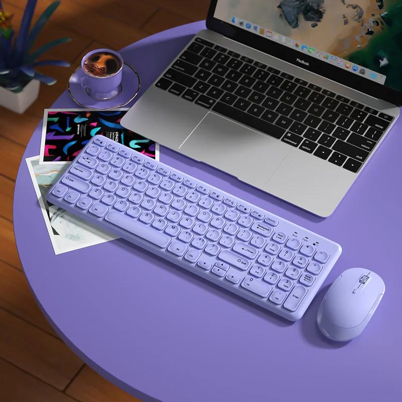 Moda Teclado e Mouse Conjunto de Teclado sem Fio para Computador Gamer Teclados e Mouse Kit Ultra Fino Escritório Ergonômico Gaming Teclado Ratos Roxo