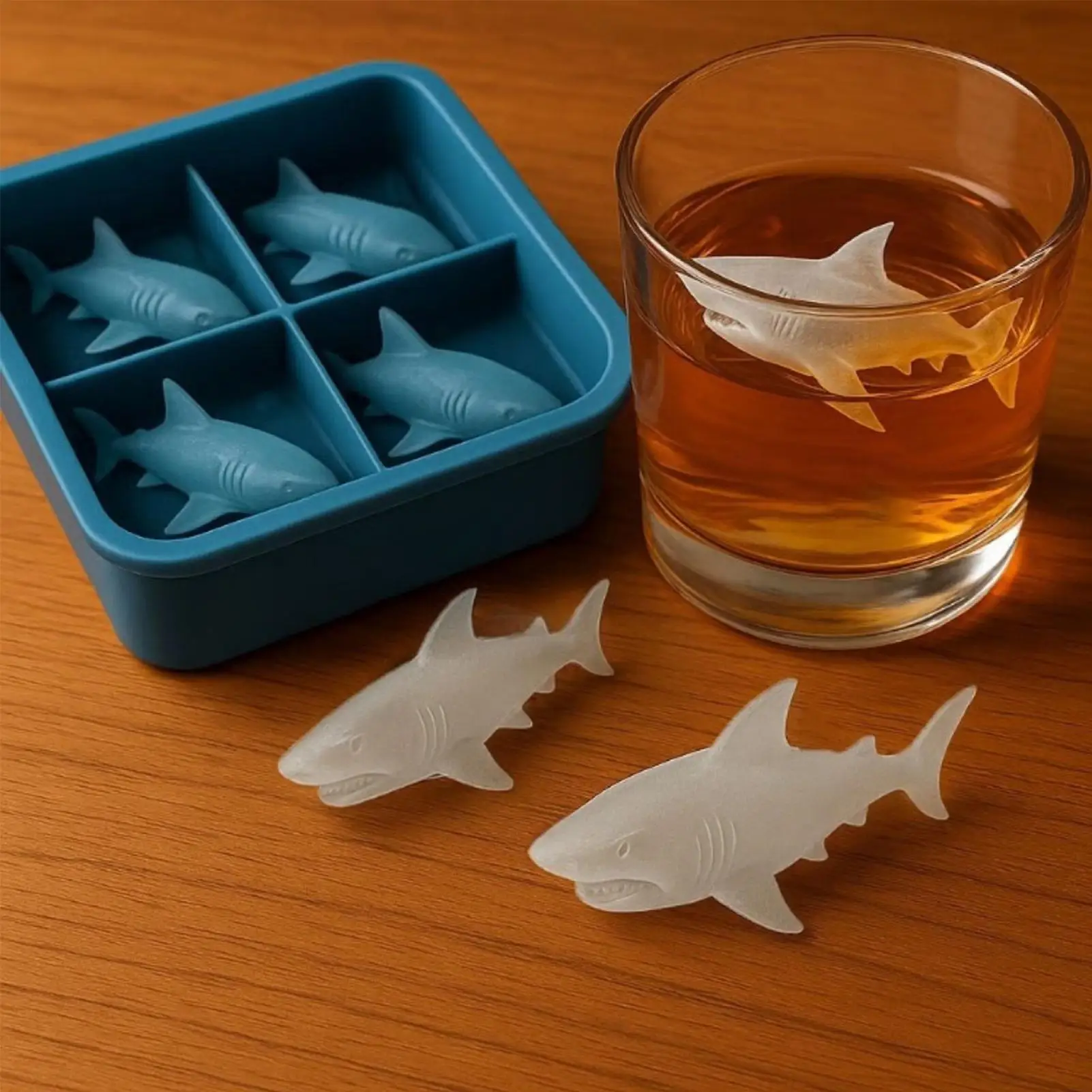 3D Silicone Whiskey Ice Cube Mold 4 Grids Cute Shark Shaped Ice making Mold Shaper Easy Release Reusable Silicone Ice Cube Mold
