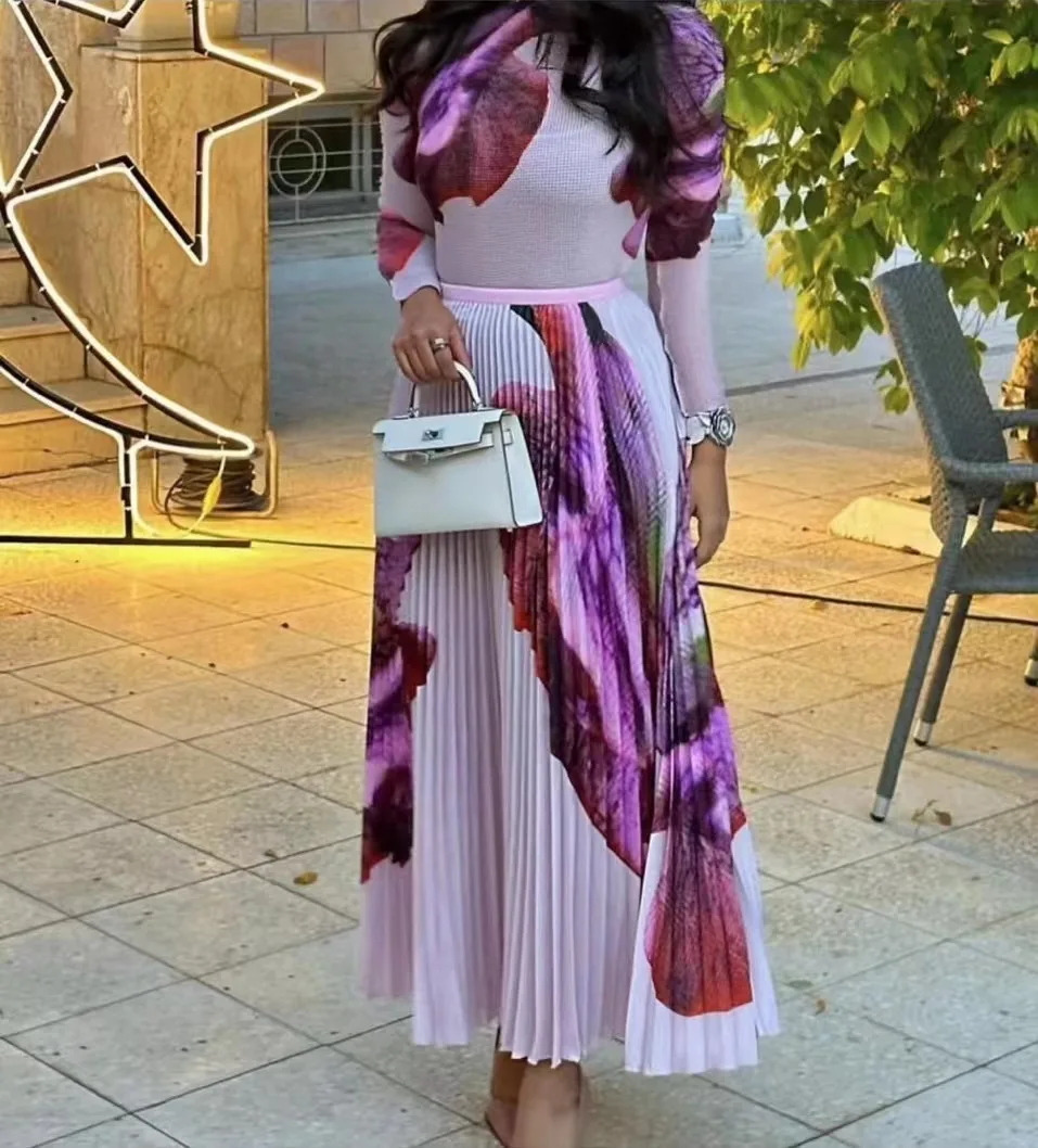 

2023 Three Mansion Pleated Set High Neck Corn Pleated Slim Fit Long sleeved Top+Loose High Waist Pleated Skirt