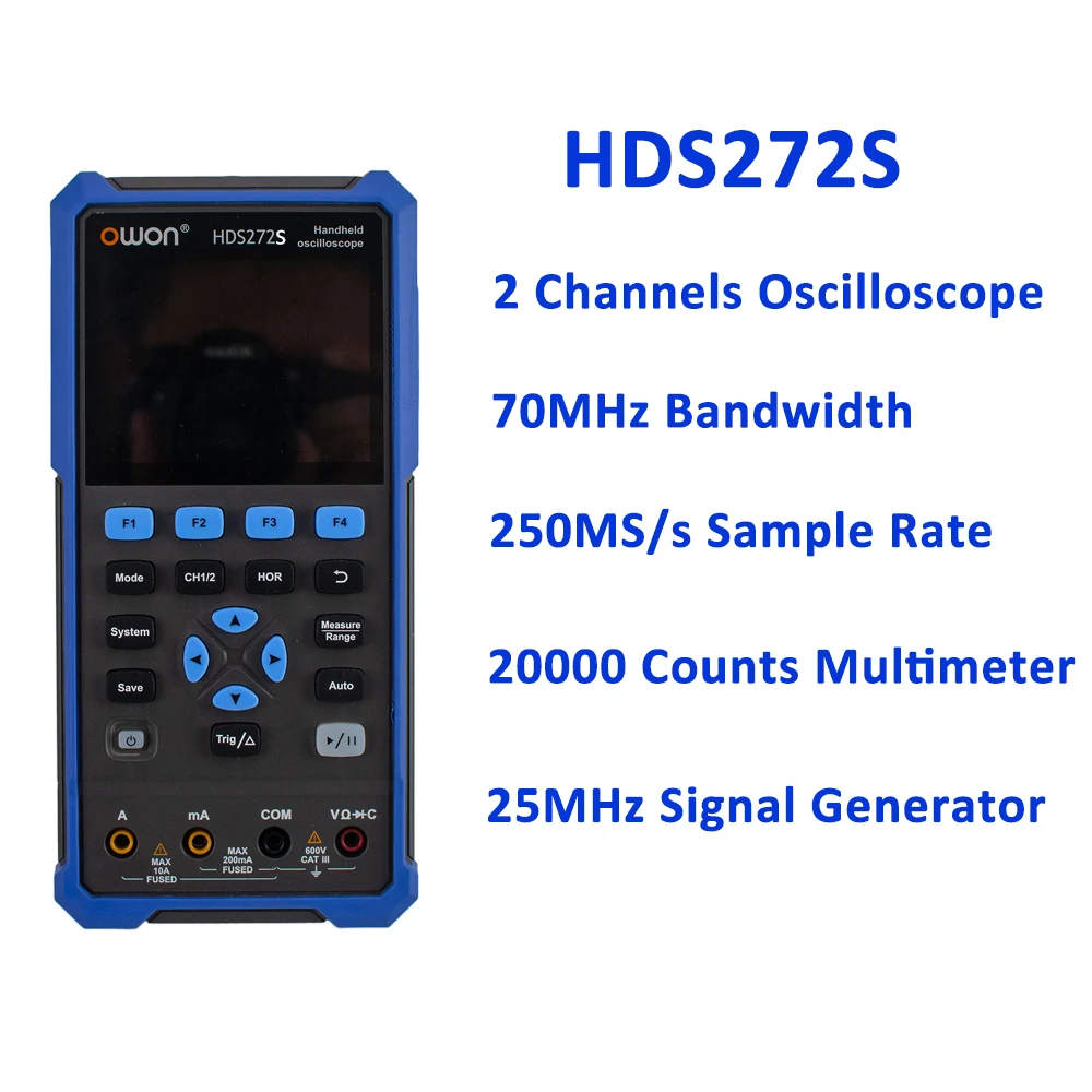Digital Oscilloscope Multimeter Waveform Generator 2CH True RMS 40MHz/70MHz 250MSa/s 3.5inch USB Type C for OWON HDS272S