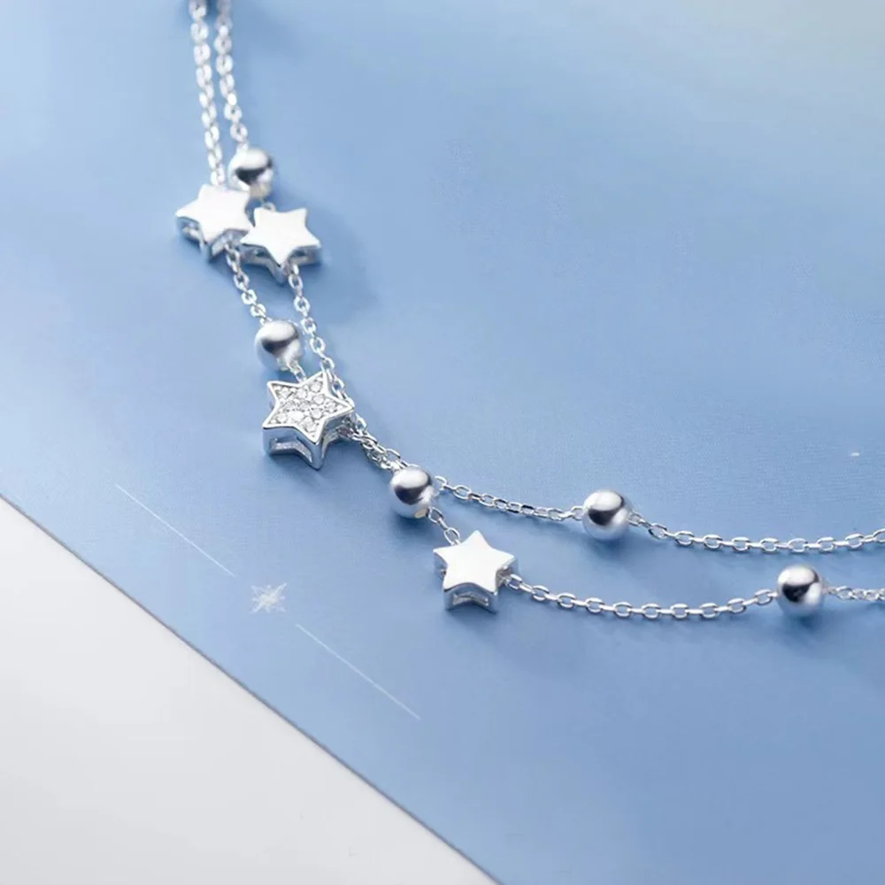 Stars Bracelet 925 Stamp Silver Color Star Bracelet Fashion Korean Five-pointed Stars Crystal Double Bracelet