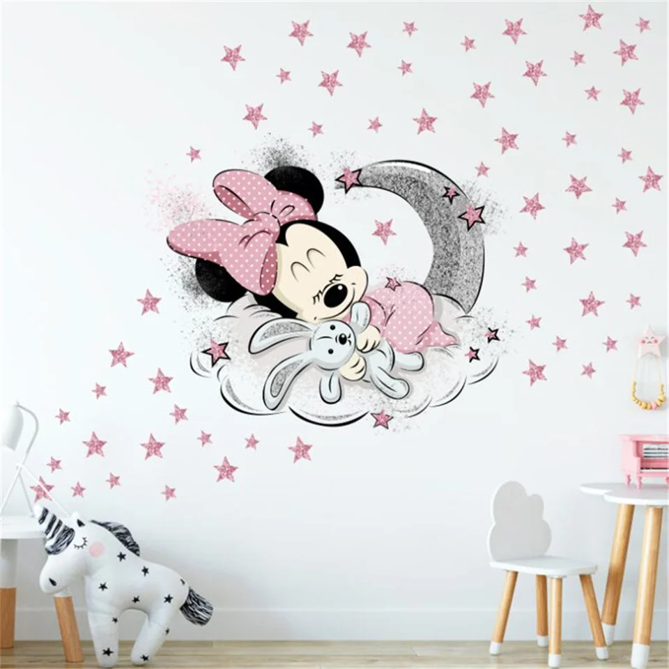 Baby Room Wall Sticker Minnie Sleeping Sweet Dreams Wallpaper Princess Child Bedroom Decor Mural Cute Cartoon Mickey Decal