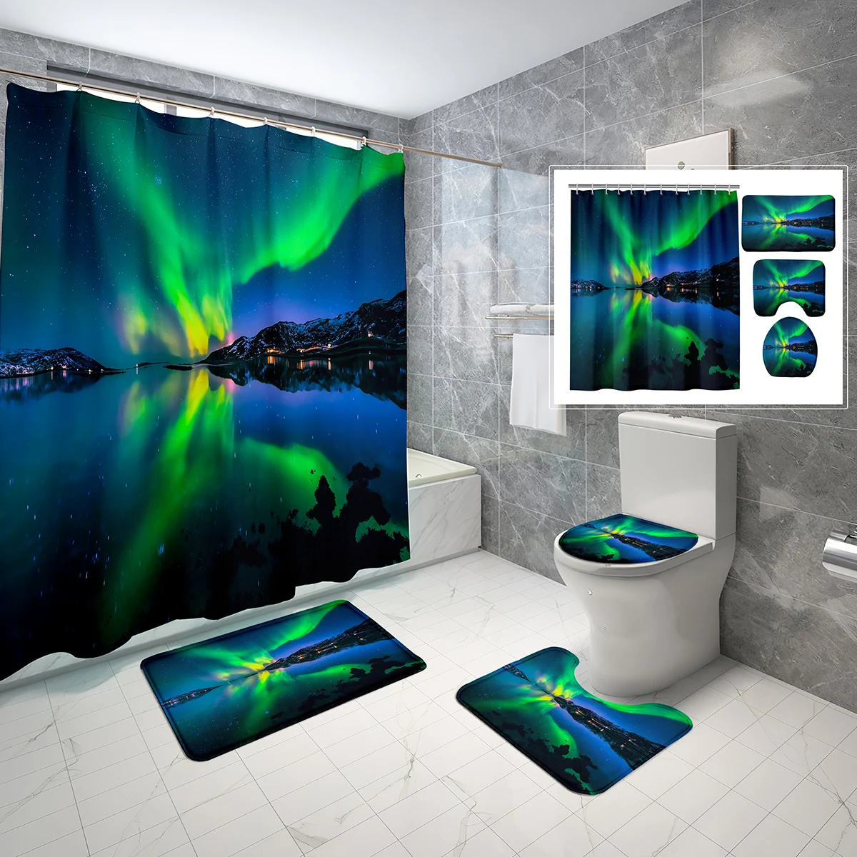 

Aurora Shower Curtain Sets with Toilet Lid Cover Mat Anti-slip Rug Mystery Blue Night Landscape Bath Curtain Bathroom Sets Decor