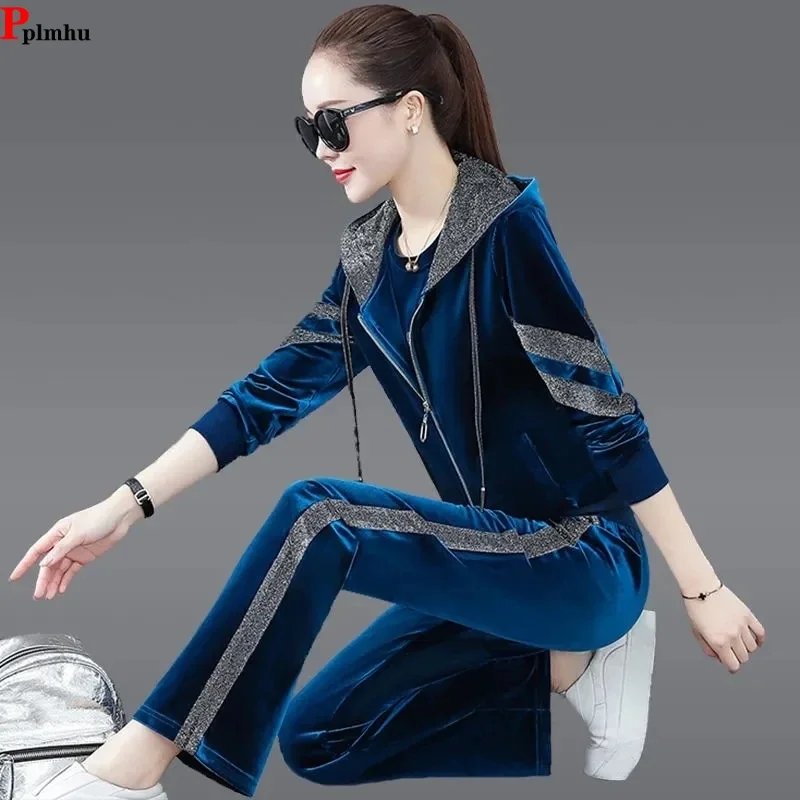 Korean Velour Three Piece Set Casual Zipper Hooded Jacket + T-shirt Tracksuit Straight Pant Suits Velvet  Women Spring Ensemble