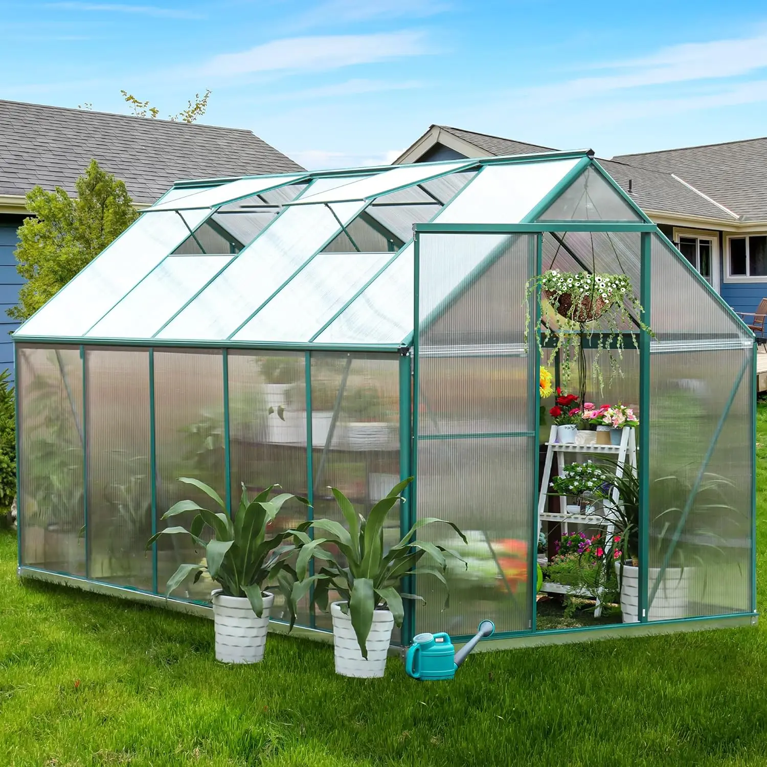 

6.2x10.2 FEET Hybrid Polycarbonate Greenhouse w/ 2 Vent Window Lockable Door Walk-in Hobby Greenhouses Heavy Duty Aluminum House