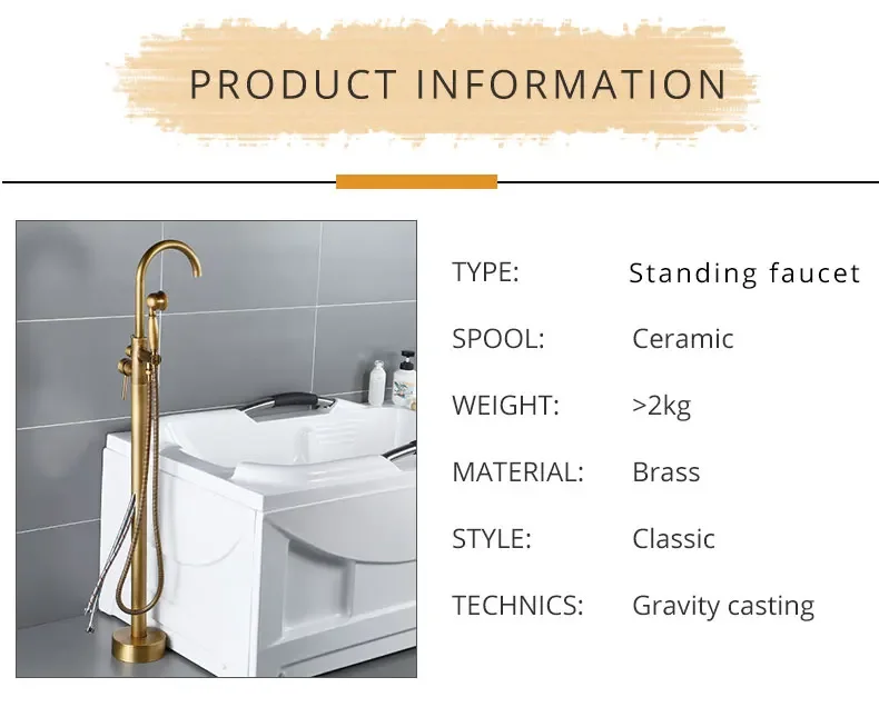 Description Picture 3 of itemAntique Brass Bathtub Faucet Floor Mounted Swive Spout Tub Mixer Tap with Handshower Handheld Bath Shower Water Set