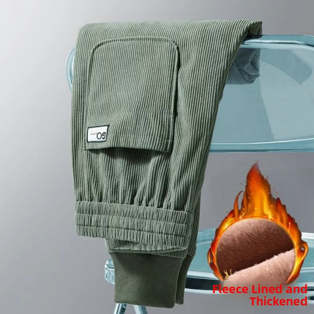 Thiened Fce Lined Corduroy Men's Loose Fit Spor Long Pants Casual Trousers Youthful Sle Anti-Wrinkle Autumn Winter Wear