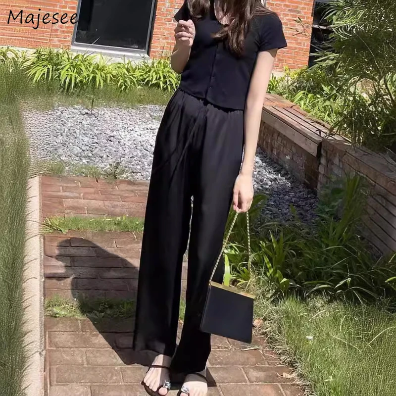 

Solid Wide Leg Pants Women Summer Loose Acetate Fabric Ice Silk Thin Slim All-match High Elastic Waist Leisure Full-length Cozy